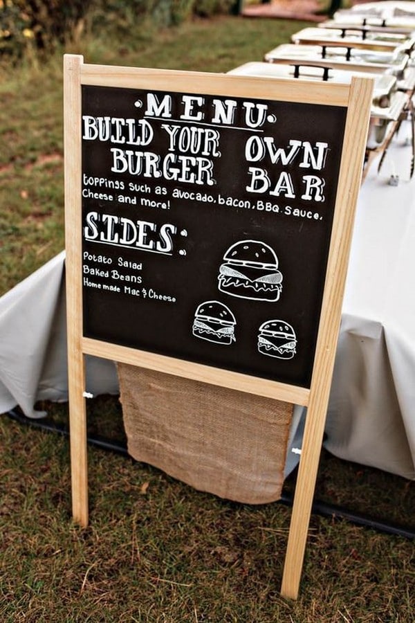 DIY homemade burger bar for backyard wedding ideas