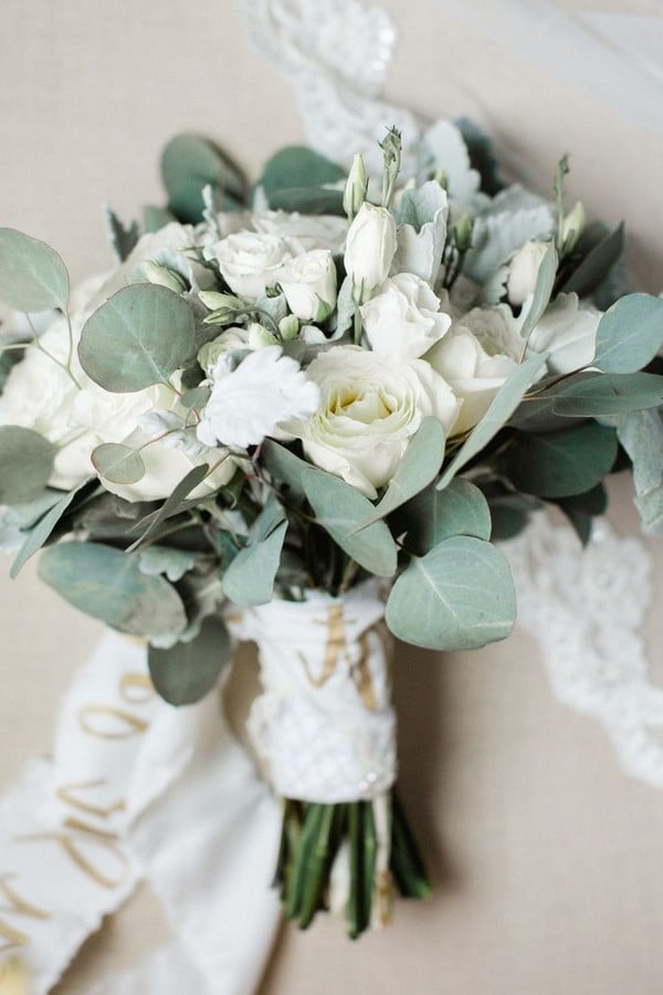 Eucalyptus and white roses wedding bouquet
