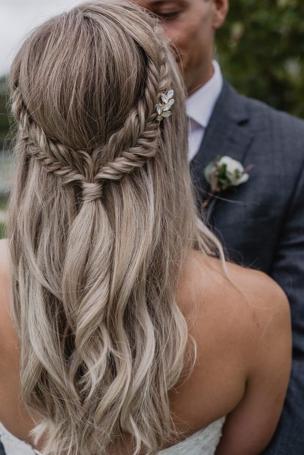 Fishtail braid half up half down wedding hairstyle