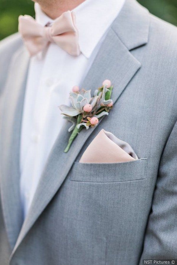 Light gray suit + blush pink pocket square + succulent boutonniere