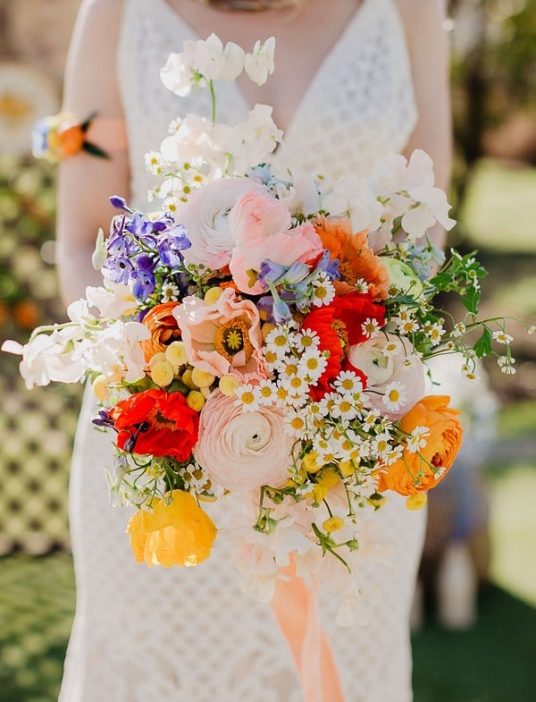 Mustard yellow boho colorful wildflower wedding bouquet