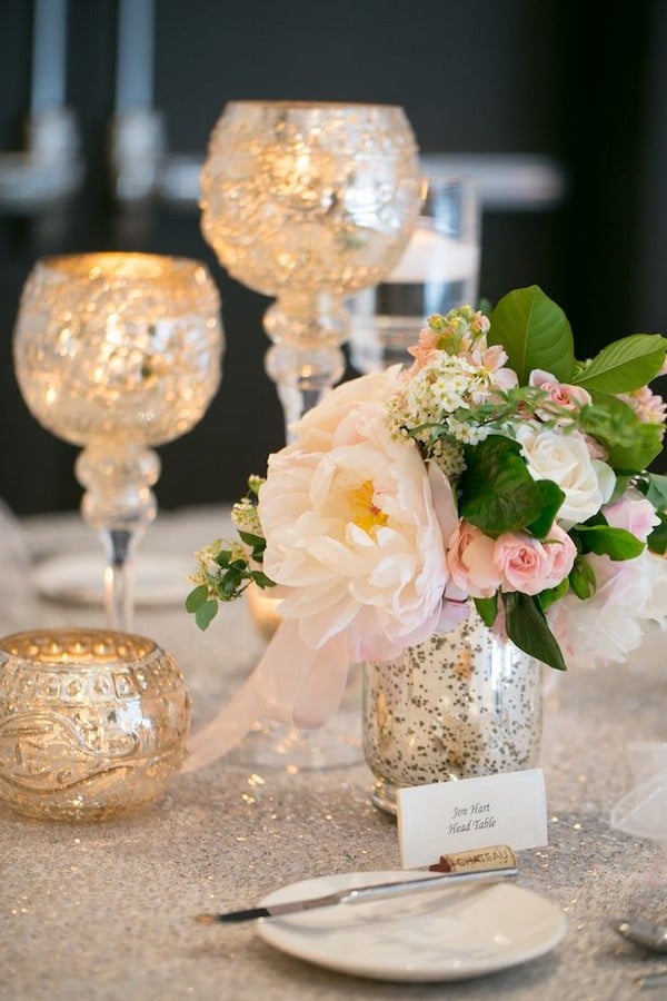 Romantic Wedding Centerpiece Fluffed with Peonies and Sequins