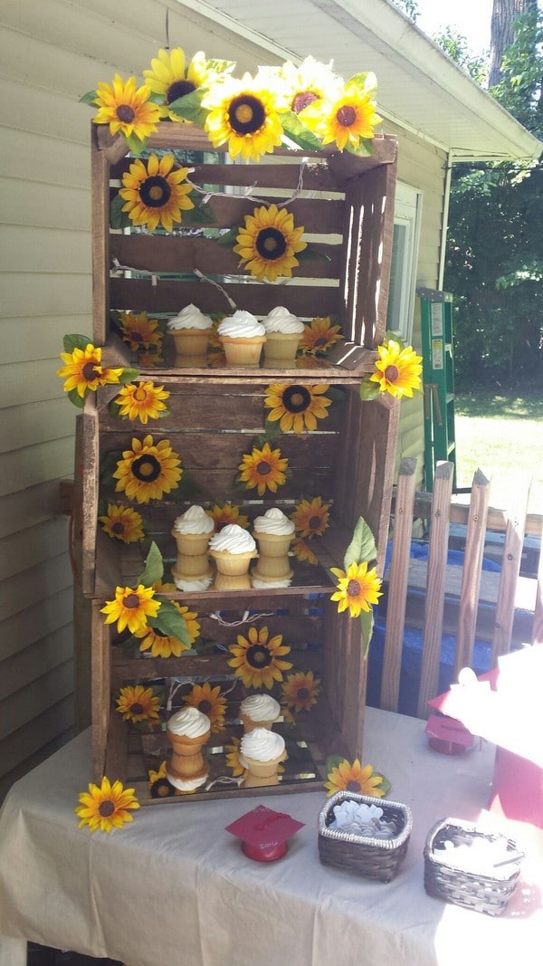 Rustic cake stand ideas with sunflower for wedding