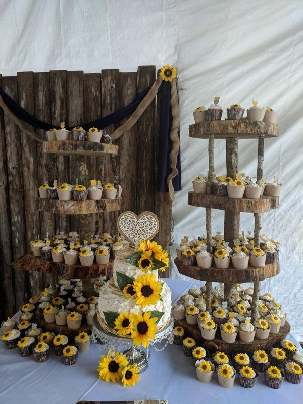 Sunflower wedding cakes and cupcakes