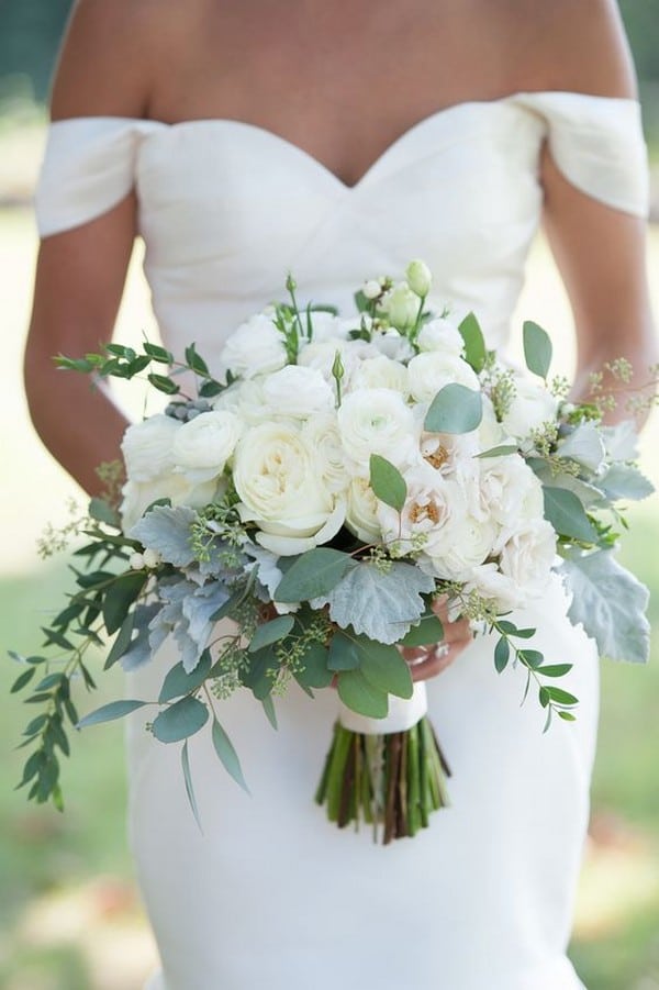 White Ranunculus and Eucalyptus Wedding Bouquet