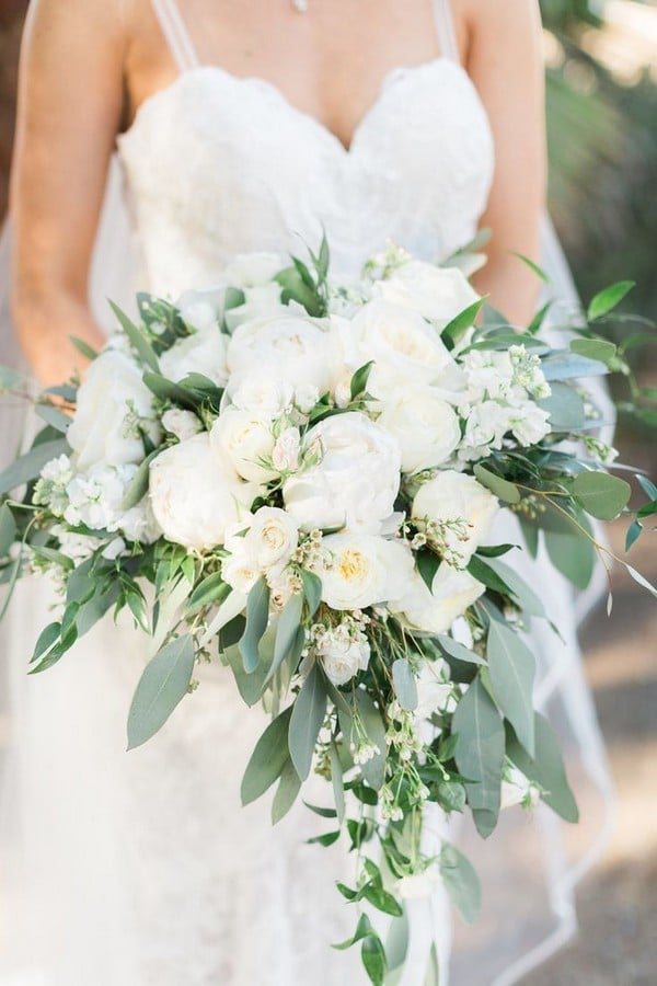 White and green heart shaped bridal bouquet
