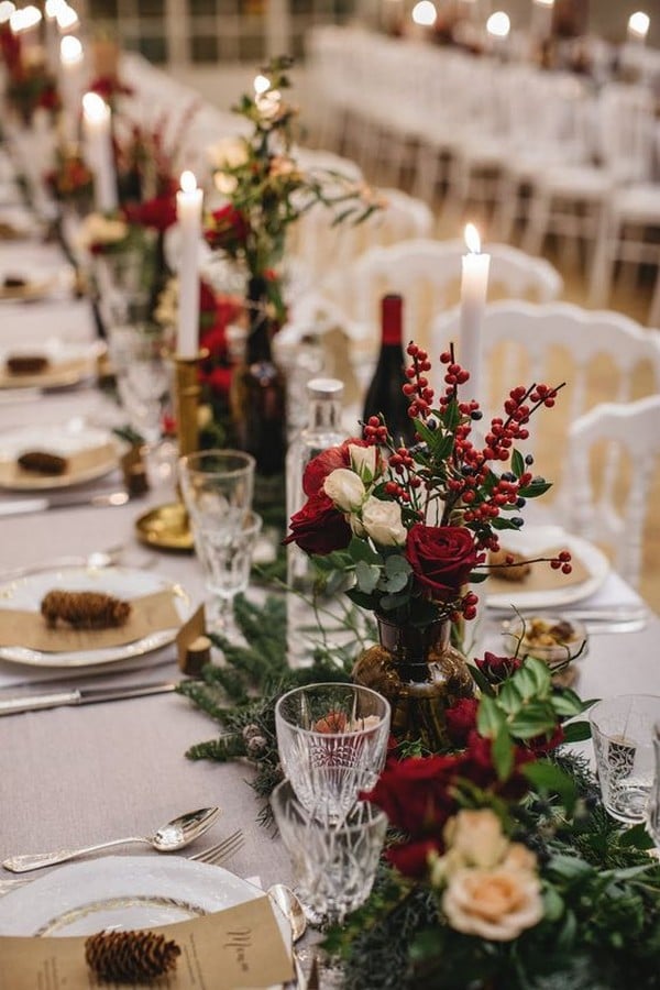 Winter red and green wedding centerpiece idea