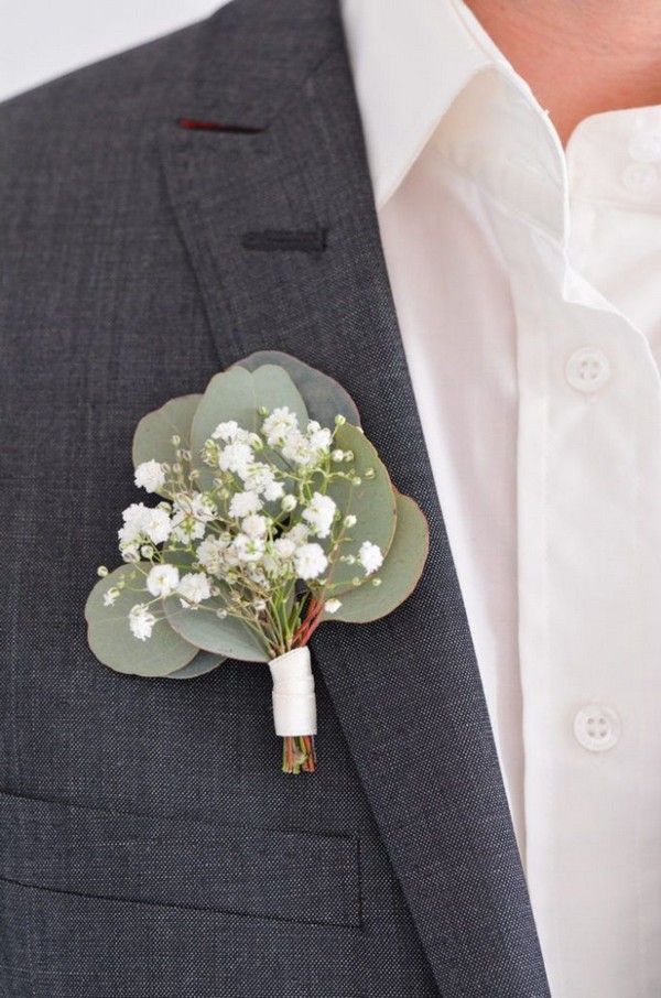 babys breath and eucalyptus arrangements for groom