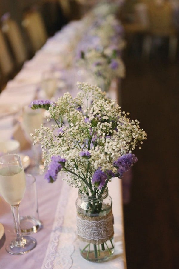 babys breath and mason ar wedding centerpieces