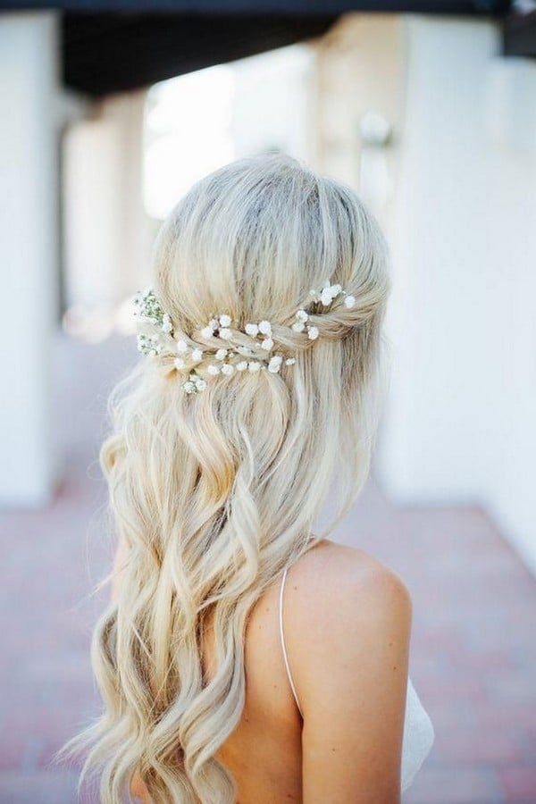 babys breath decorated wedding hairstyle