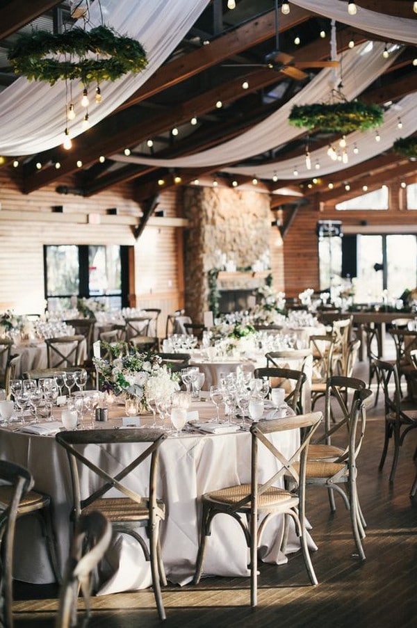 barn wedding reception ideas with string lights and drapey