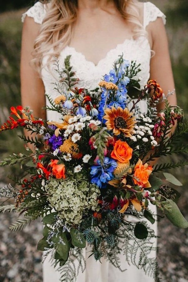 boho orange and blue wildflower bouquet