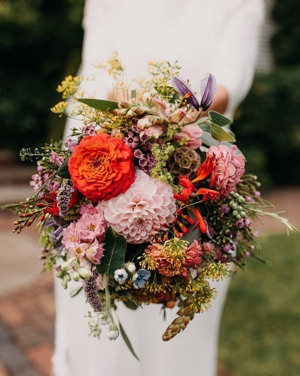 boho pink and orange wildflower wedding bouquet