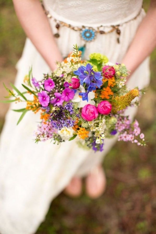 boho summer hot pink colorful wildflower wedding bouquet