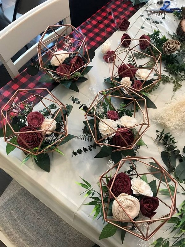 burgundy and blush geo wedding centerpieces