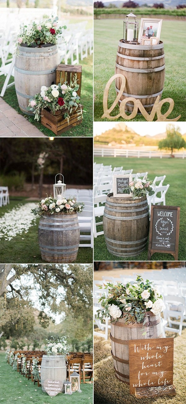 country wedding ceremony decoration ideas with wine barrels