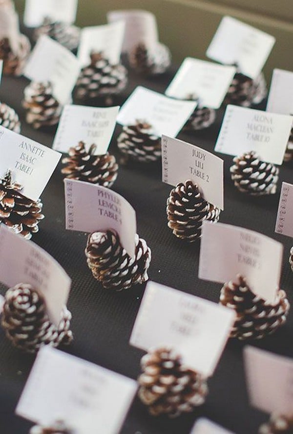 diy winter wedding escort card with pine cones