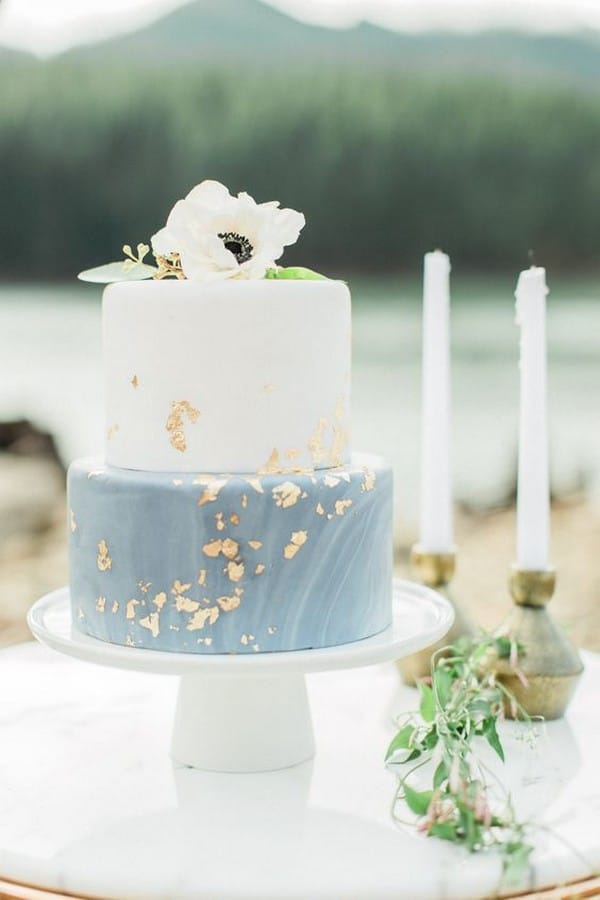 dusty blue and gold spring summer wedding cake