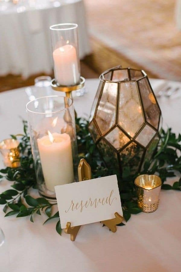 fall wedding centerpiece with candles and geometric lantern