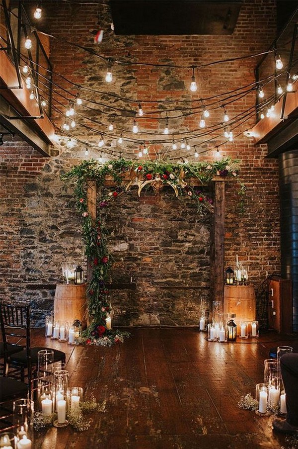green and red winter indoor wedding backdrop
