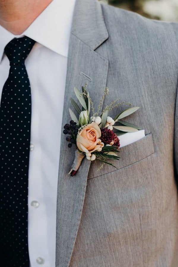 grey groom suit and peach boutonniere wedding ideas