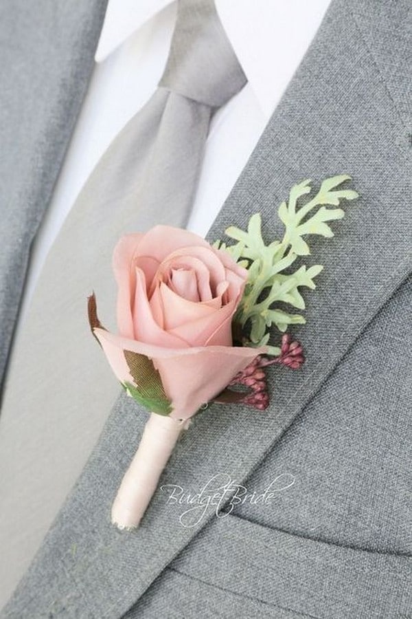 grey groom wedding suit and dusty rose boutonniere