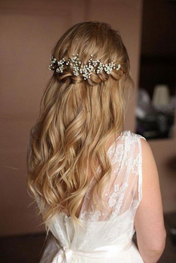 half up half down wedding hairstyle with babys breath 2