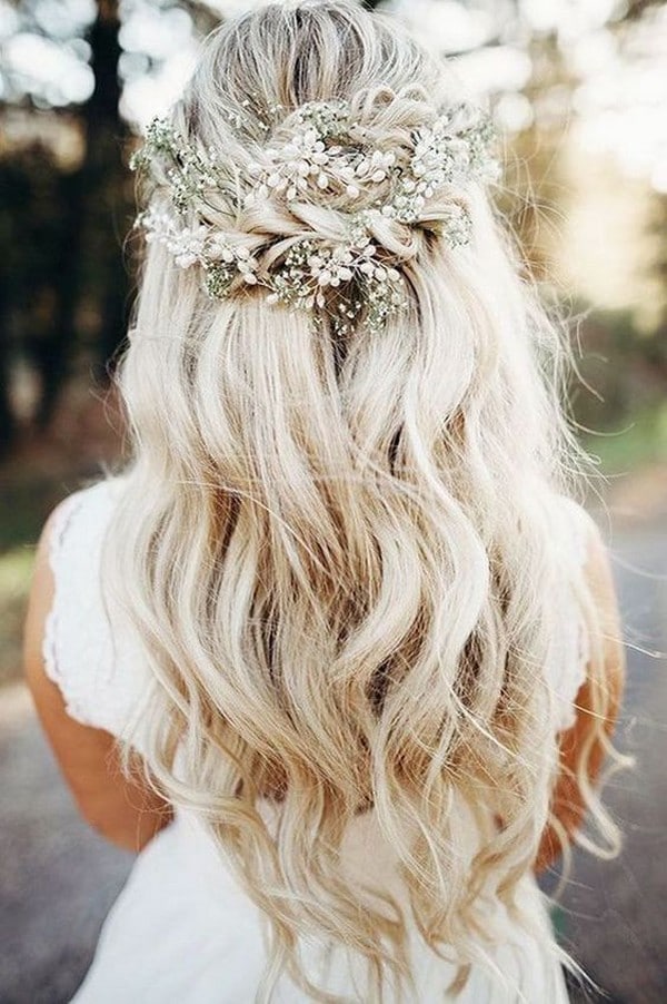 half up half down wedding hairstyle with babys breath