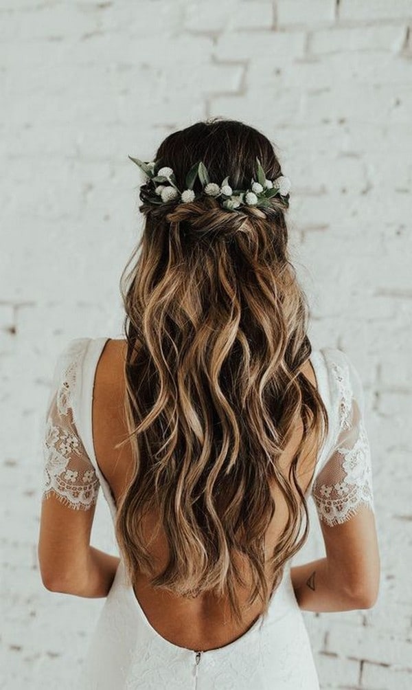 half up half down wedding hairstyle with flower crown