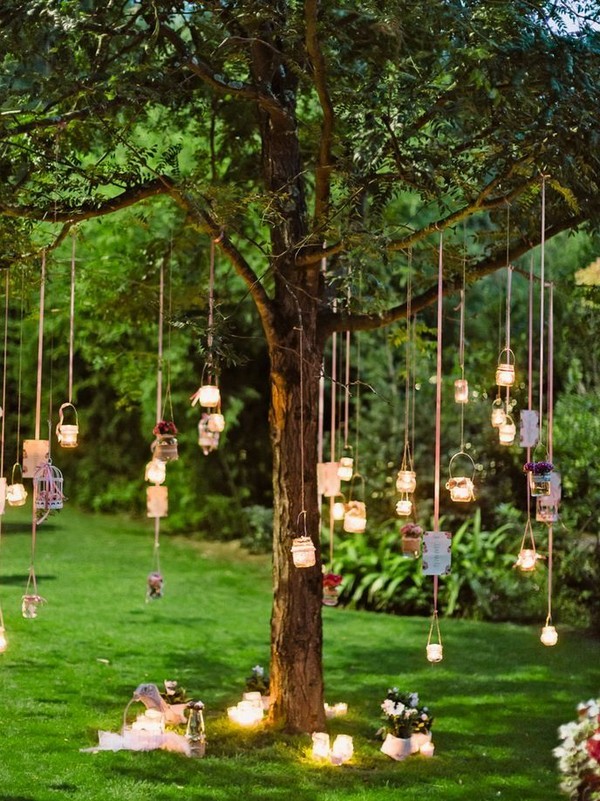 hanging candles outdoor garden wedding decor ideas