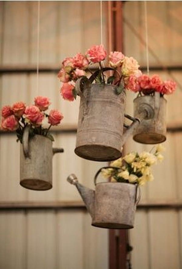 hanging watering can flower vases for rustic country wedding ideas