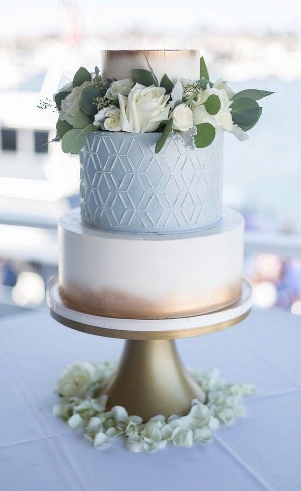 light blue and copper simple wedding cake for spring summer wedding