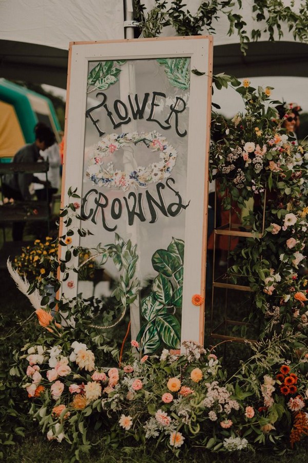 lush flower crown station featured at this boho-inspired reception