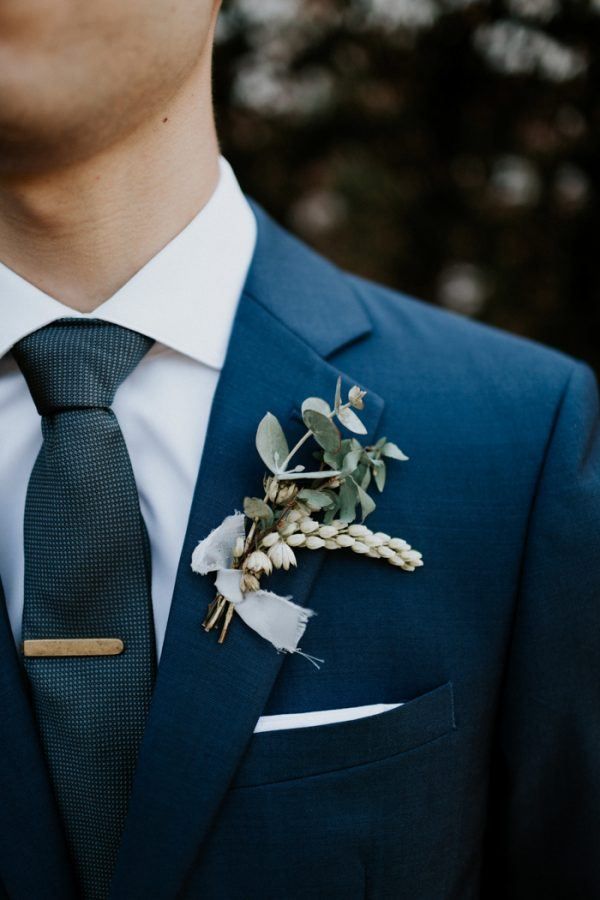 navy blue groom suit and eucalyptus boutonniere wedding ideas