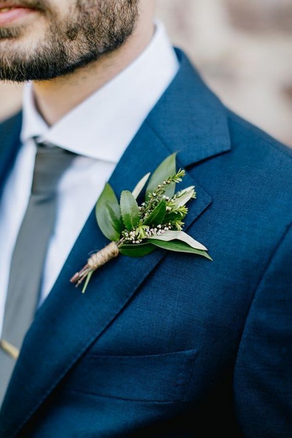 navy blue groom suit and seeded eucalyptus boutonniere