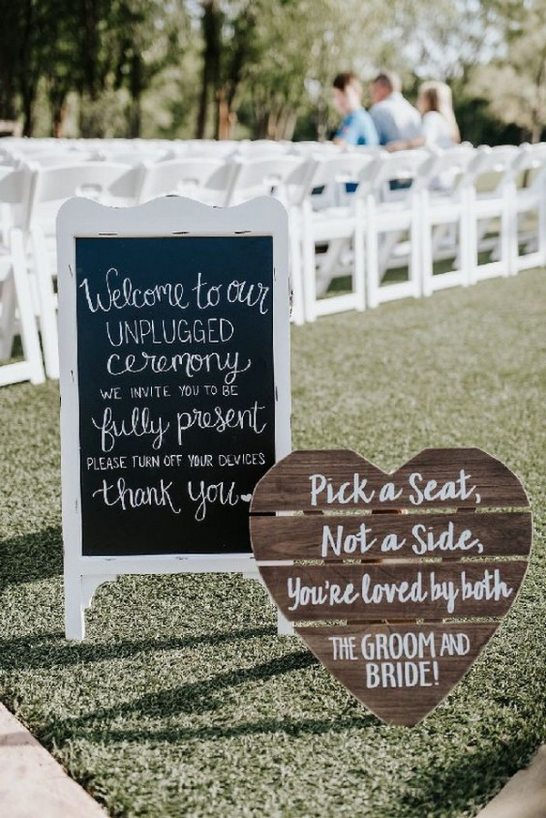 outdoor chalkboard unplugged wedding ceremony sign