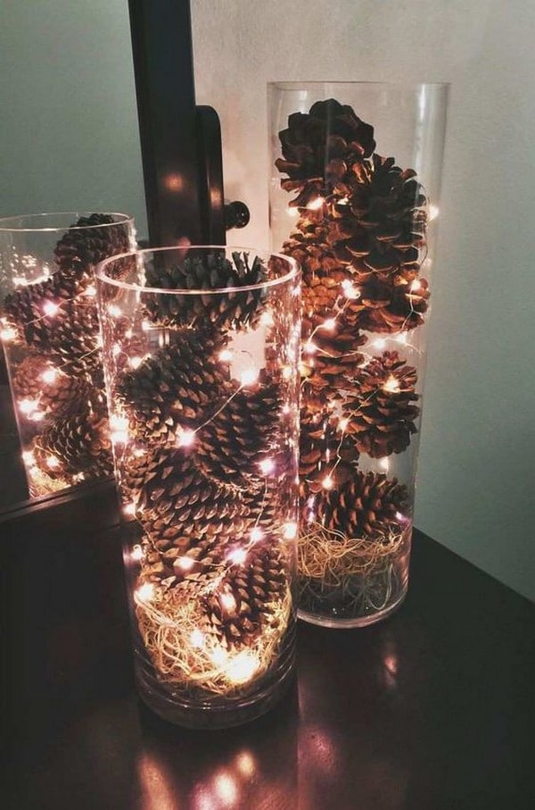 pine cones and lights winter wedding decorations