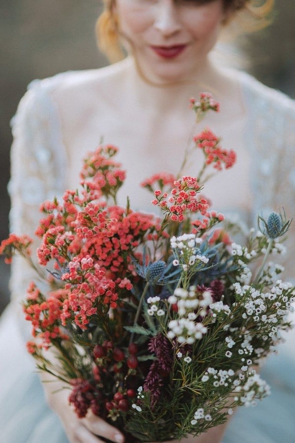 pink and white wildflower wedding bouquet
