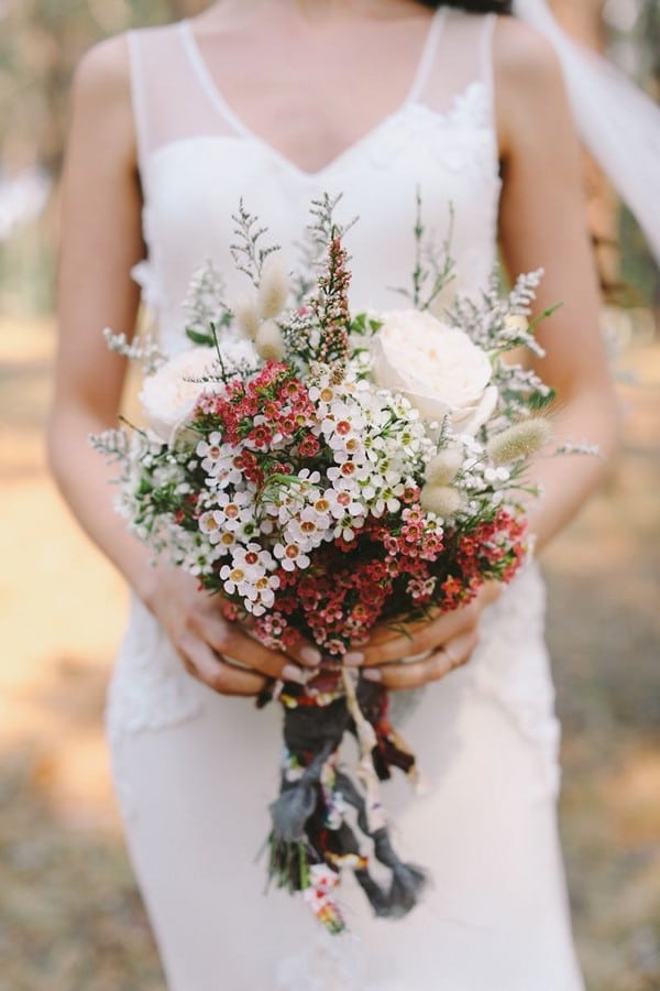 red and white wildflower wedding bouquet