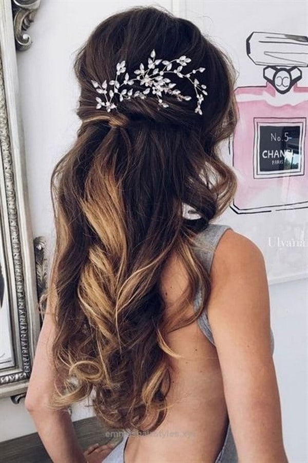 romantic waves half up half down wedding hairstyle for long hair