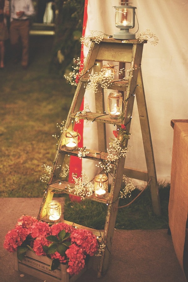 rustic and vintage wedding decor ideas with ladders and mason jar candle holders