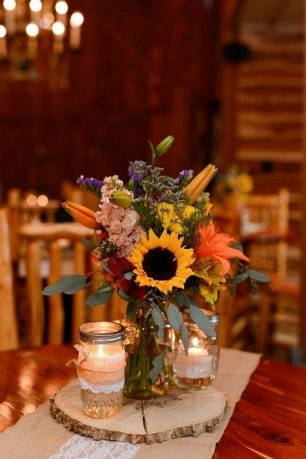 rustic fall wedding centerpiece with sunflowers