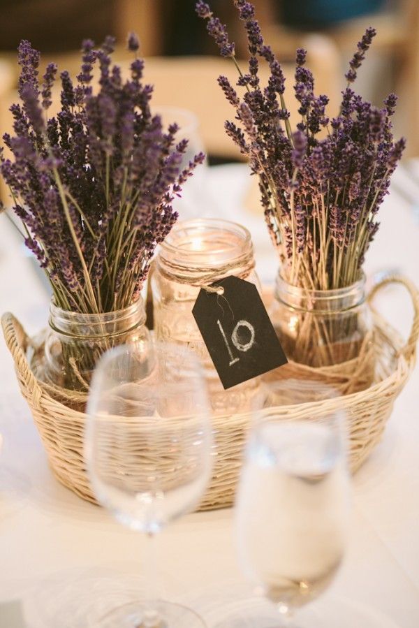 rustic lavender and mason jar wedding centerpiece