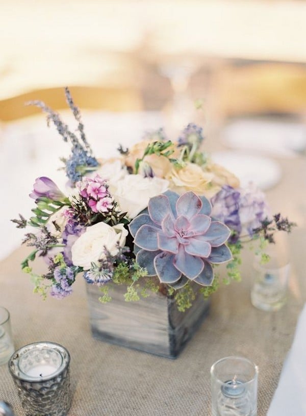 rustic lavender purple succulent and lavender wedding centerpieces