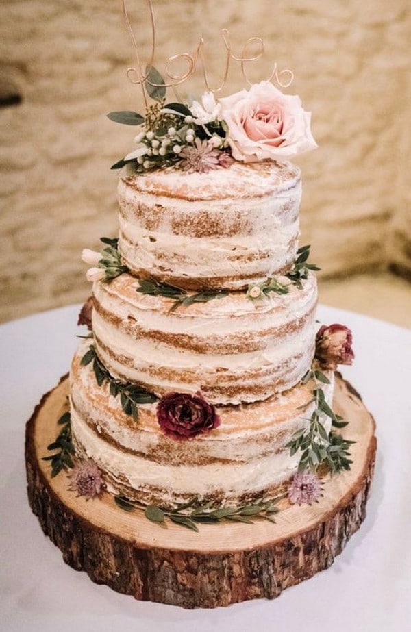 rustic semi naked floral wedding cake