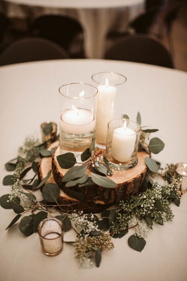 rustic wedding centerpiece ideas with candles and greenery
