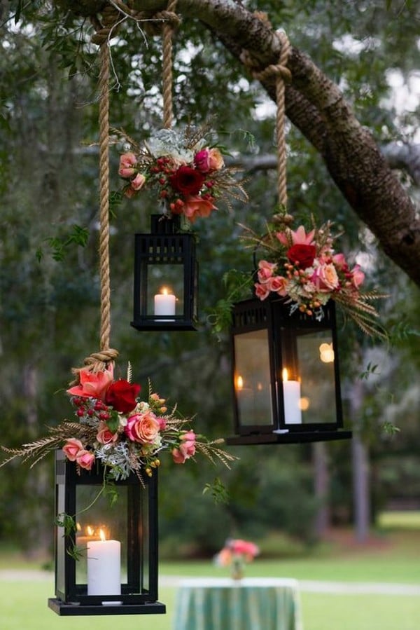 rustic wedding decoration ideas with hanging lanterns