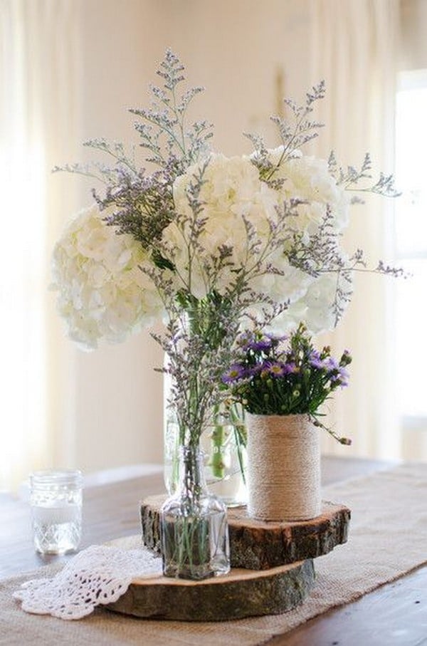 rustic white hydrangeas and lavender wedding centerpieces