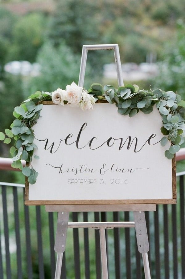 simple greenery eucalyptus calligraphy wedding sign