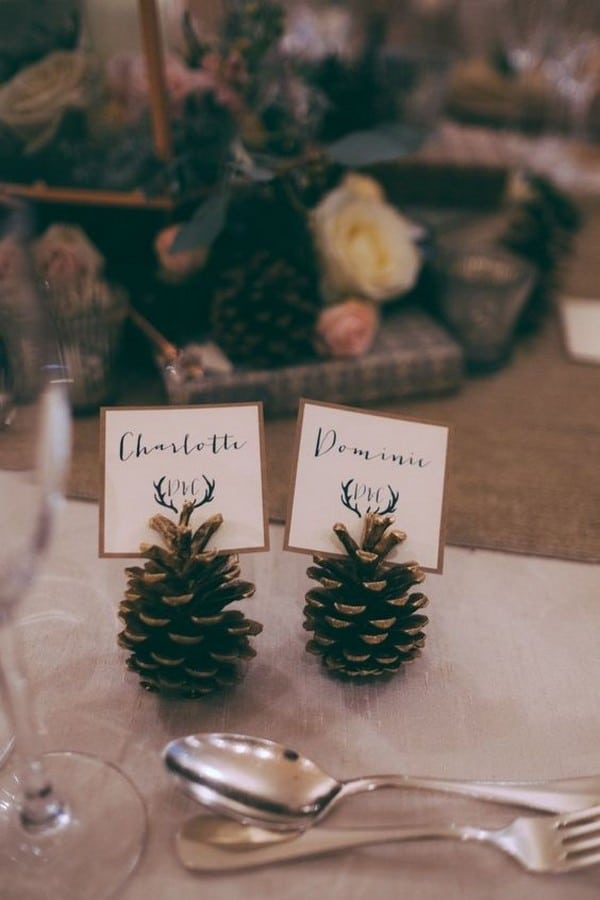 simple rustic pine cone place cards wedding decoratio for autumn or winter wedding